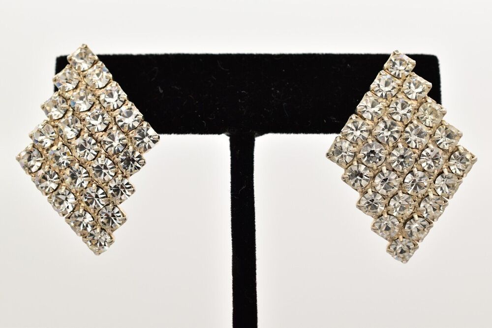 Vintage Crystal Dangle Earrings Prong Rhinestone Silver Sparkling 1980s BinBF
